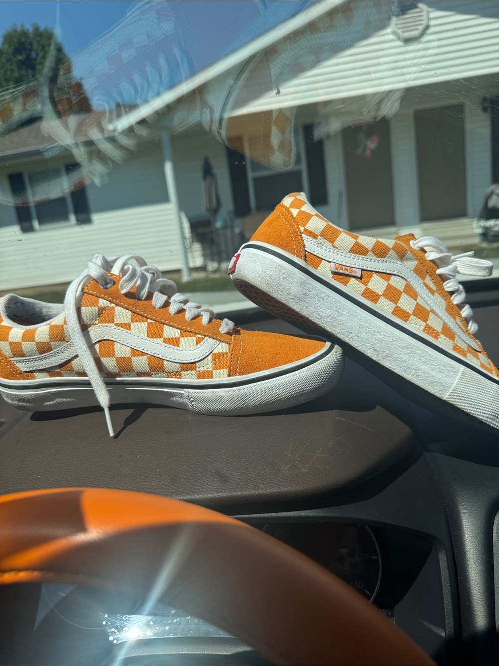 Vans Orange and White Checkerboard Old Skool Sneakers